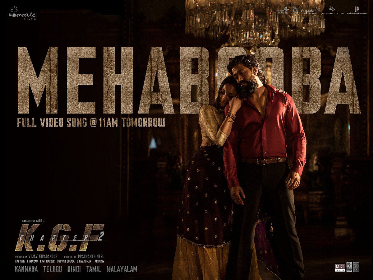 SrinidhiShetty7's tweet photo. #Mehabooba full video song tomorrow at 11 AM ♥️

#KGFChapter2 @Thenameisyash @prashanth_neel @VKiragandur @hombalefilms @duttsanjay @TandonRaveena @SrinidhiShetty7 @RaviBasrur @bhuvangowda84 @LahariMusic @Mrtmusicoff https://t.co/uPbVR1rsB0
