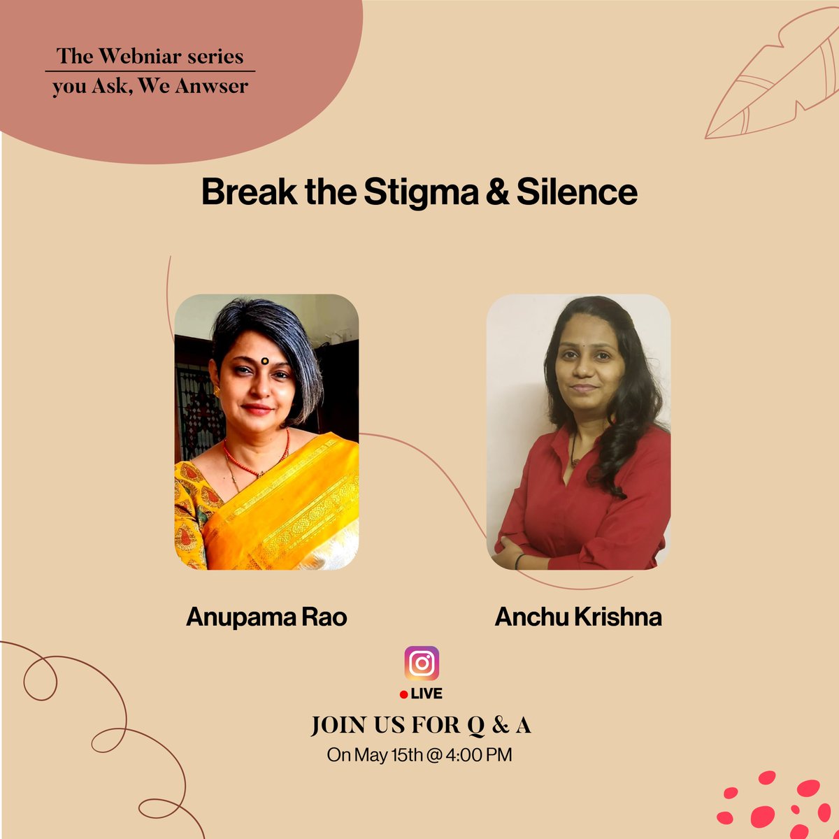 In the next series of #YouAskWeAnswer, listen to the importance of breaking stigma and silence around Mental Health from our experts Anchu Krishna and Anupama Rao. Join the live on 15th May. Stay tuned

#youaskweanswer 
#breakthestigma 
#breakthesilence 
#stopthestigma