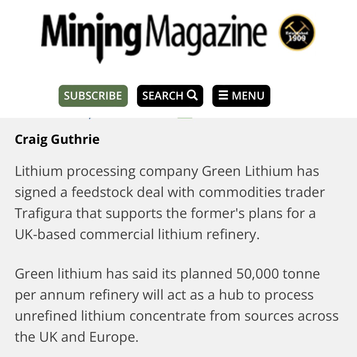 claudiohfox's tweet photo. Green Lithium & Trafigura sign refinery deal 4a U.K. based commercial #Lithium refinery.
🎯Targeting 50,000tpa processing unrefined Lithium concentrate from 🇬🇧 & Europe says Guy Guthrie of #MiningMagazine
Good 4 #Cornwall 🤔 BUT… Where’s 50ktpa from?
https://t.co/0qjAv3ijD0 https://t.co/zs7KJ4RLBX