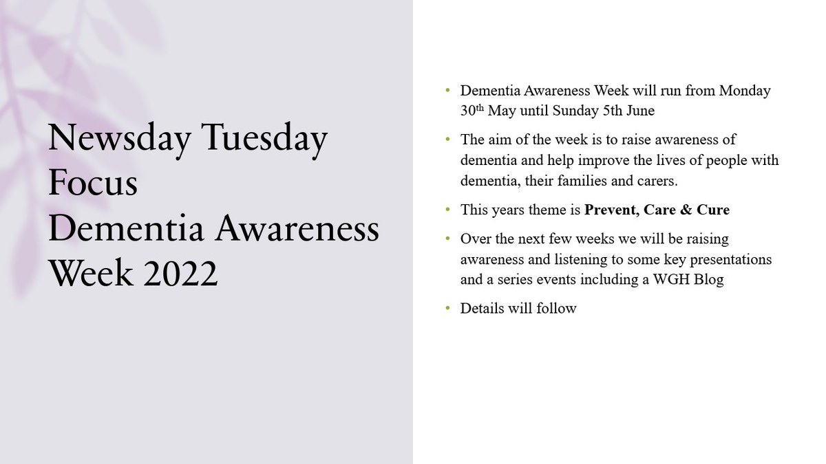 Lyndseydunn7's tweet photo. Newsday Tuesday at the WGH will be looking to focus on Dementia Awareness Week 2022 with Key Speakers &amp; Blog incorporating this year's theme of Prevent, Care &amp; Cure @Siobhannp2 @DeirdreElphin6 @MACWGH @GeraldineMars11 @WghLothian #Prevent #Care #Cure @alzscot https://t.co/j40Xfk91O5