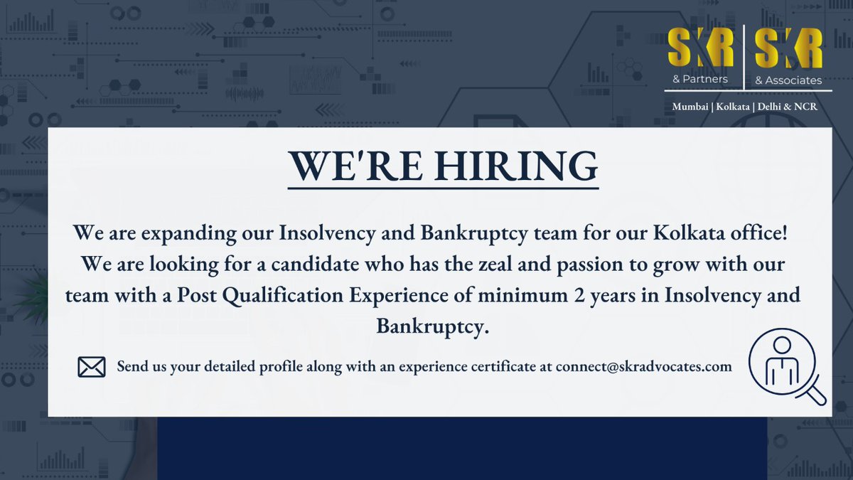 PartnersSkr's tweet photo. We are hiring!
We are expanding our Insolvency and Bankruptcy team for our Kolkata office! If your profile aligns with the requirements outlined below send us your detailed profile along with an experience certificate at connect@skradvocates.com

#hiring #kolkata #insolvency #law https://t.co/jIWHUvWMiM