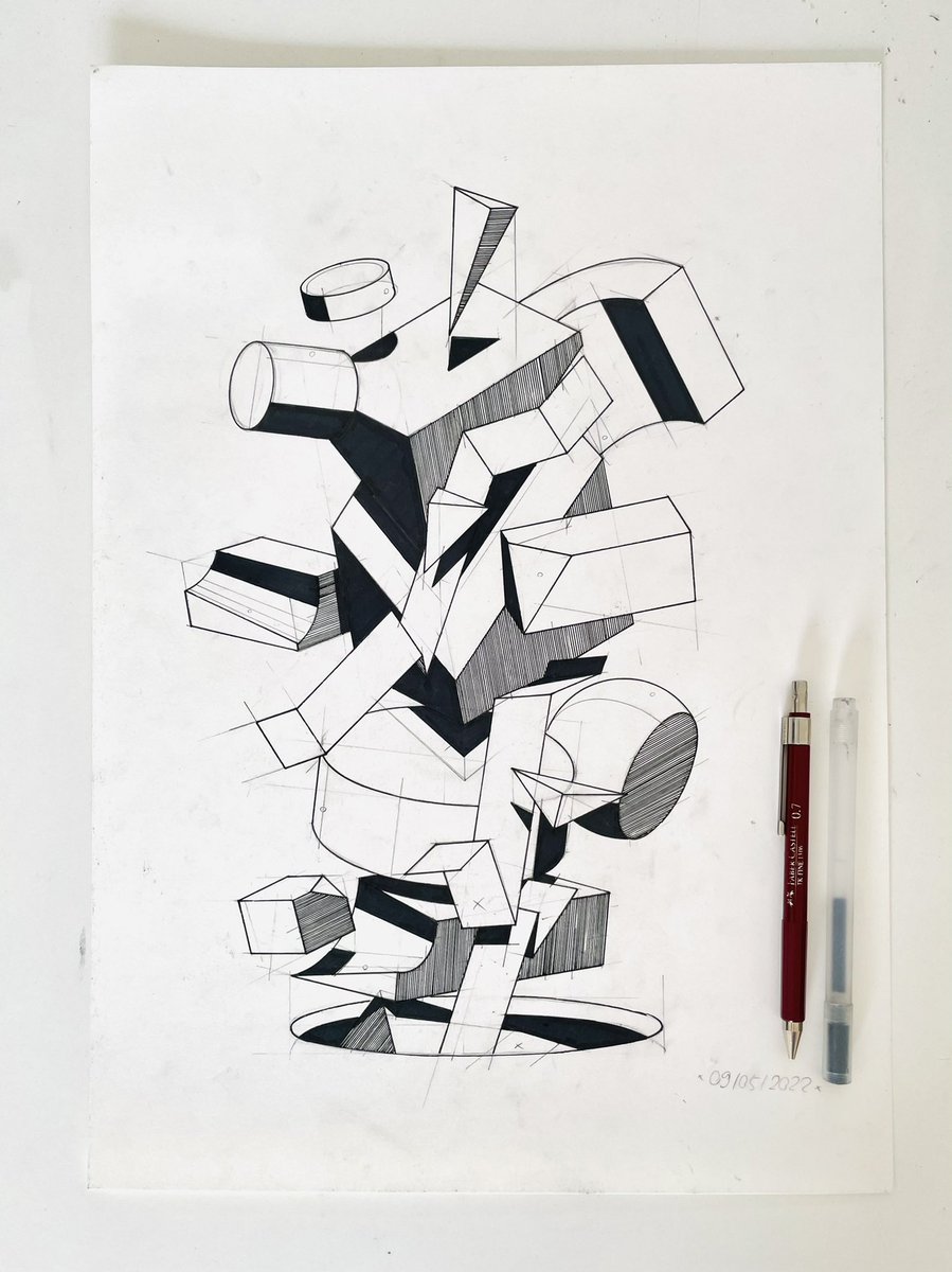 gaschka's tweet photo. Shapes in space, work in progress, A3.

#serialsupersolids #fineart #drawing #blackandwhite #anticgi #postnft https://t.co/QEnW5rnxB1