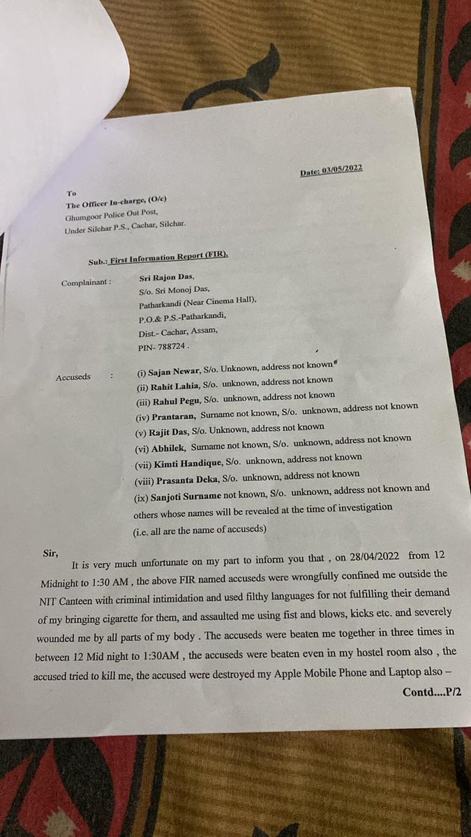 AmitDas58919618's tweet photo. Respected  Cm sir @himantabiswa i want to state an important matter about my friend rajon das of nit silchar he was allegedly ragged by few of his seniors inside the hostel campus they broke his personal property and was attempted to murder him please sir make some arrangements. https://t.co/ak7VzNxg60