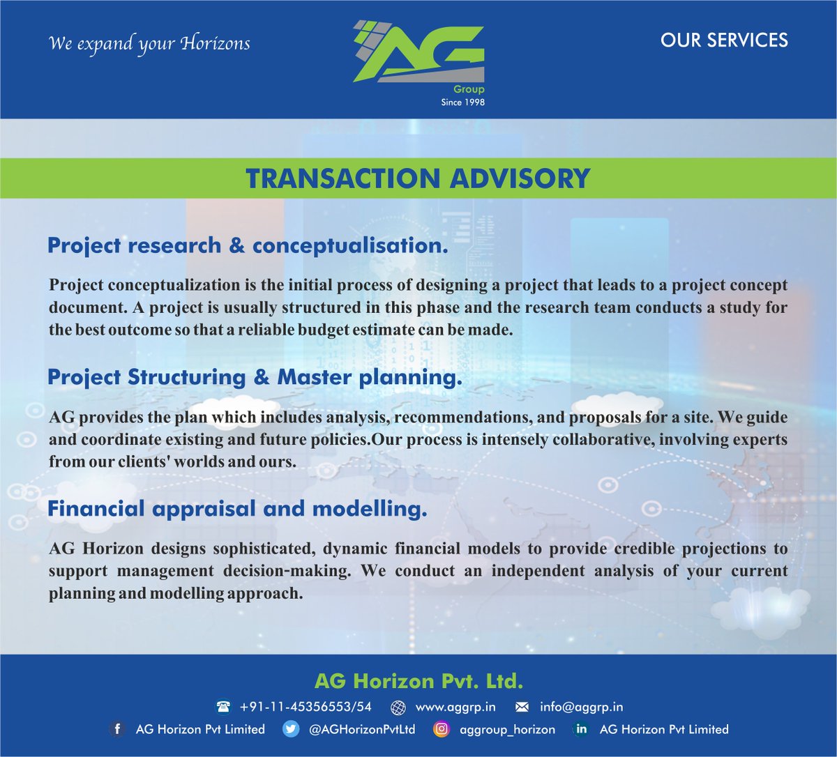 AGHorizonPvtLtd's tweet photo. Our transaction advisory services comes as a process of hand holding from identification, feasibility studies to funding avenues and project monitoring
#Projectmanagementconsultancy #executingagency #Projectmonitoring #PolicyImplementation #Handingholding #AGservice https://t.co/O8StNUWo9w