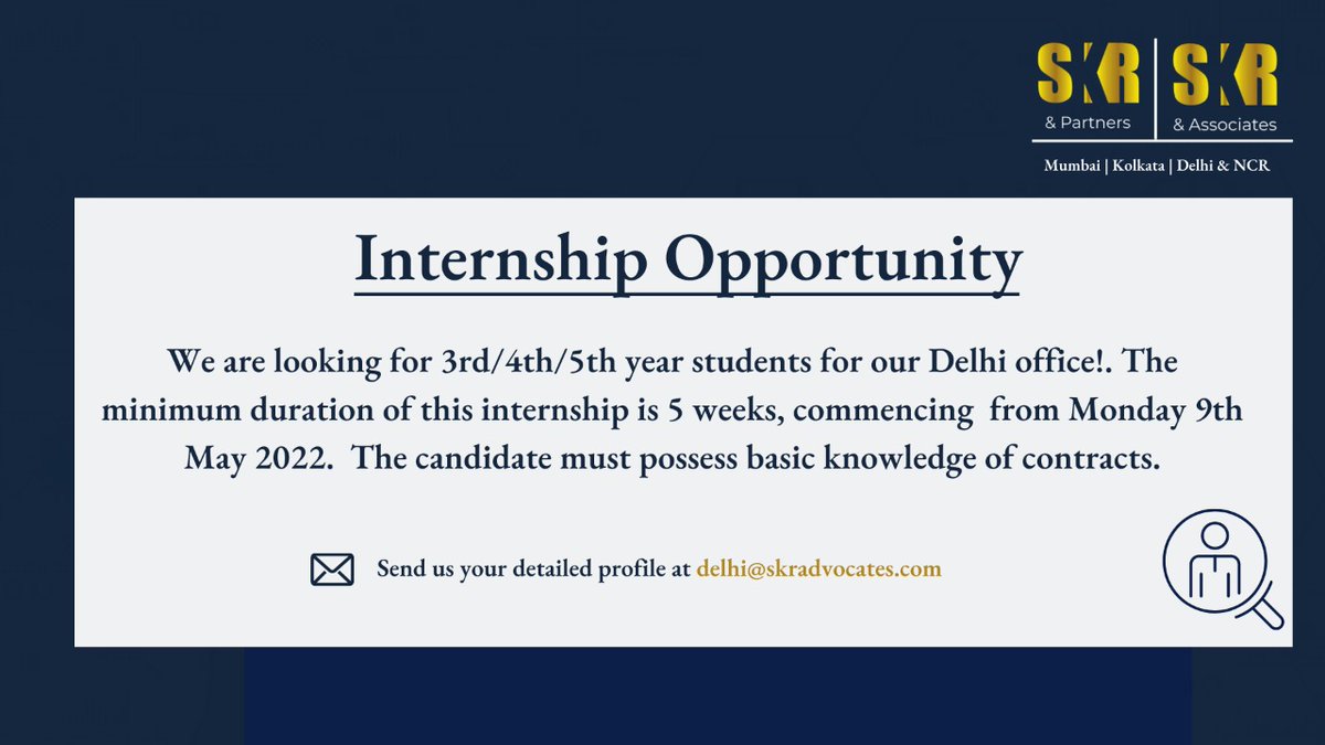 PartnersSkr's tweet photo. Internship Opportunity!
We're looking for dedicated students having basic knowledge of contracts to intern with our Delhi office for a minimum period of 5 weeks.
If you fulfil the criteria send us your CV at delhi@skradvocates.com
#internshipopportunity #delhi #intern #lawstudent https://t.co/qLsVSlHUkI