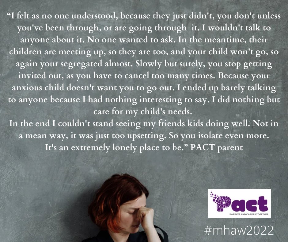 PACTenquiries's tweet photo. #MHAW2022 a quote from one of our parents describing the isolation and loneliness frequently felt by parents and carers when their child experiences poor #mentalhealth #IveBeenThere #wevegotyourback #ParentPeerSupport https://t.co/PCYIwXMI0e