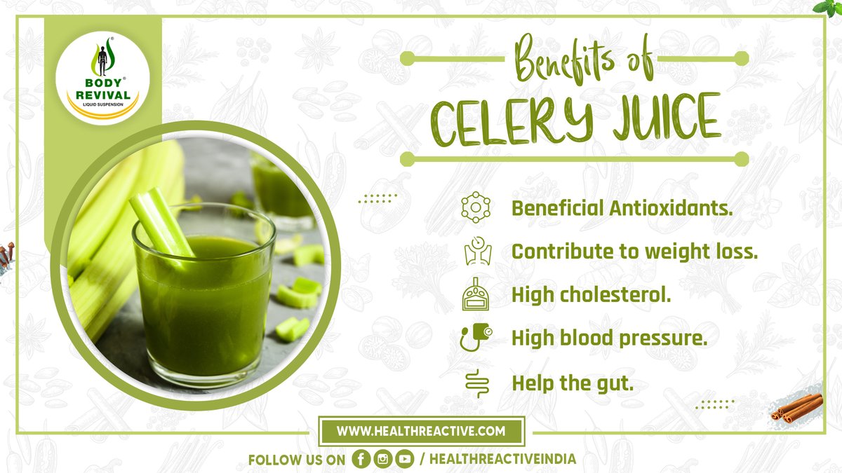 healthreactivee's tweet photo. Top 5 benefits Celery Juice
Beneficial Antioxidants.
Contribute to weight loss.
High cholesterol.
High blood pressure.
Help the gut.
For More Follow Us
https://t.co/HKpFbHtlmq
#celery #immunebooster
#HealthReactive #bodyrevival #DrMunirKhan https://t.co/uySW6TSLPH