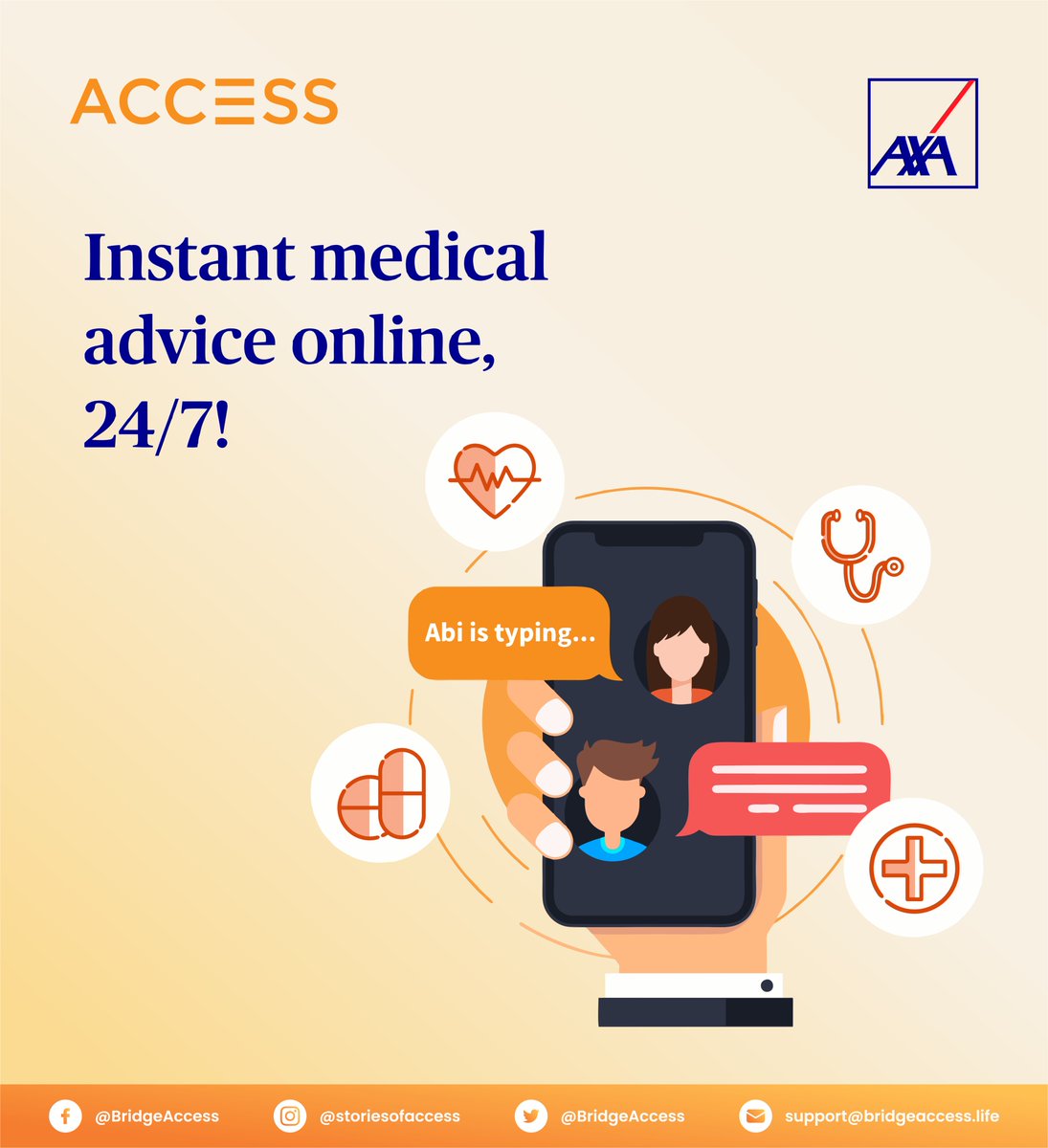 bridgeaccess's tweet photo. AXA chat-a-doctor is here! In partnership with Access, online medical consultations are now more convenient and affordable. 
Send us an email at support@bridgeaccess.life for inquiries.
#storiesofaccess https://t.co/Rw6UImHmAY