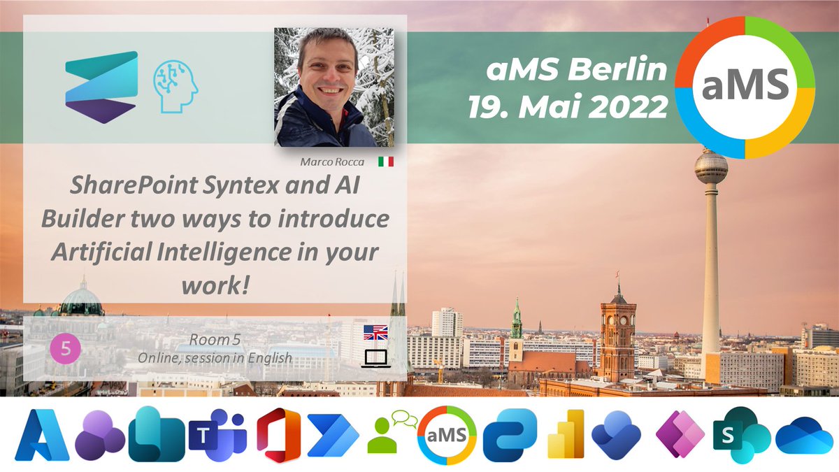 HansBrender's tweet image. He comes from Italy. @marco_r_73 will talk about Artifical Intelligence in SharePoint Syntex and AI Builder. To Join this free event, you have to register: amsberlin.eu/anmelden/ #Microsoft365 #aMSConfBerlin #SharePointSyntax #AI