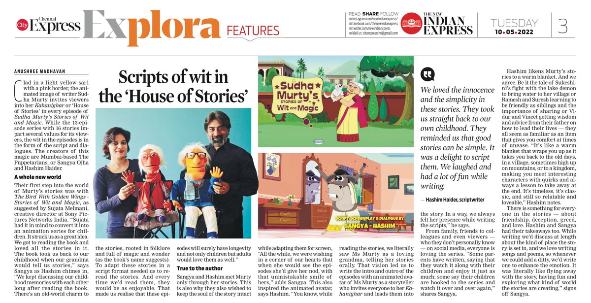 ThePuppetarians's tweet photo. Sangya Ojha &amp; Hashim Haider's interview published today in The New Indian Express about writing the script for 'Sudha Murty's Stories of Wit and Magic' on Netflix. Do read! ❤

#Sudhamurty #netflix #news #Featured https://t.co/OxHUCfWME2