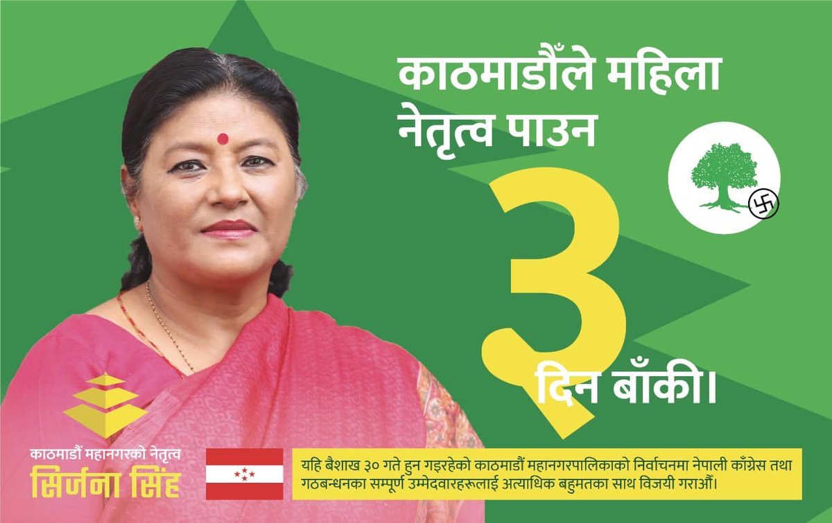 अग्रजहरुको विश्वास र समर्थकहरुको मन जितेर,  एक शभ्य सालिन र इमान्दार  नेतृको रुपमा <a href="/Sirjana_Singh/">Sirjana Singh</a>  भैसक्नु भयो।  
करिब १५ दिनको यस चुनावी अभियानमा न कुनै विवाद, न कसैलाई होच्च्याउने मनोवृति, सधै समावेशी सहरको दृड संकल्प 
अब काठमाडौँले महिला नेतृ पाउन  ३ दिन बाँकी
#Sirjanaformayor