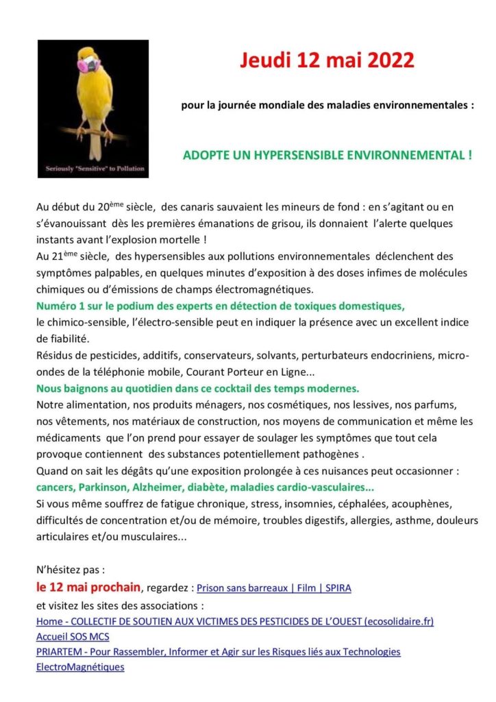 sos_mcs's tweet photo. Le #12Mai est la journée mondiale de sensibilisation aux maladies environnementales :
#SensibilitéChimiqueMultiple #MCS #SCM #SQM
#sante #SanteEnvironnementale #Handicap #maladie #chronique #hyperosmie #monde #UE https://t.co/sPPETR7QvF