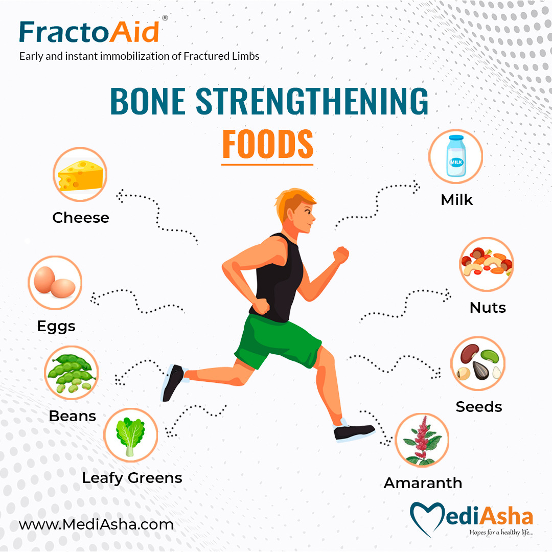 Boost your bone and muscular health💪🏻 by eating foods like cheese, eggs, milk, beans, seeds, almonds, leafy greens, etc. 🥗

#MediAsha #FractoAid #fracture #bonehealth #bonestrengtheningfood #healthcare #osteoporosisprevention #calcium #healthydiet #exercise