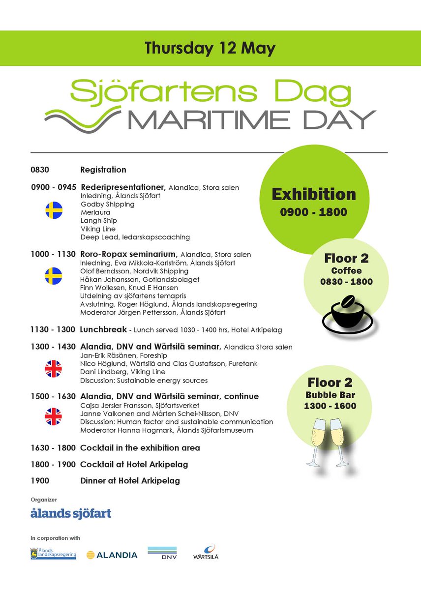 alandssjofart's tweet photo. VÄLKOMMEN TILL SJÖFARTENS DAG
På torsdag 12 maj möts närmare 600 delegater och över etthundra företag och organisationer i Alandica Kultur och Kongress Sjöfartens Dag 2022! Allmänheten är också välkommen och inträdet är gratis. Hela programmet finns på bilderna nertill. https://t.co/KvucPZgarr