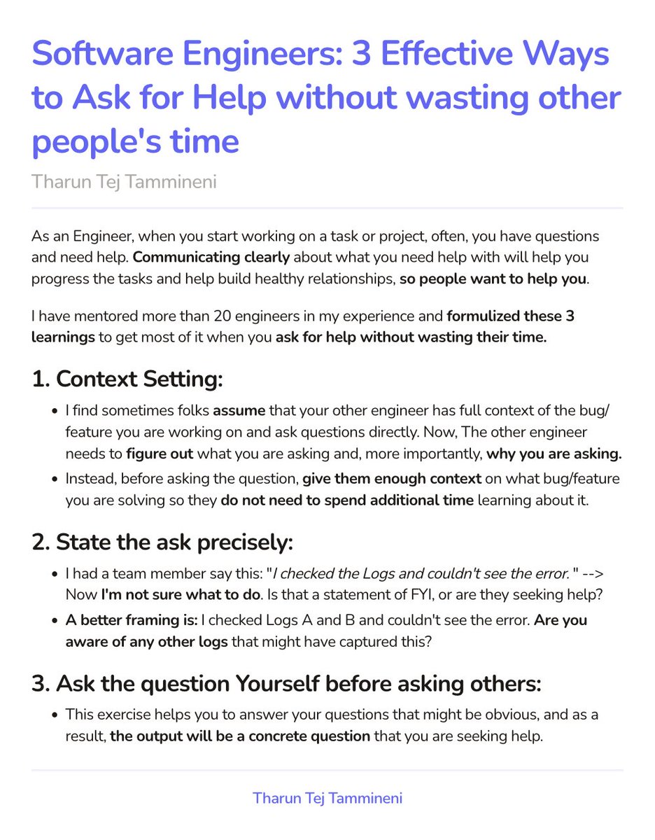 ttharuntej's tweet photo. Software Engineers: 3 Effective Ways to Ask for Help without wasting other people's time.
#softwareengineer #askforhelp #commuincation
Day 17/30 #ship30for30 https://t.co/vbaQJc8E45