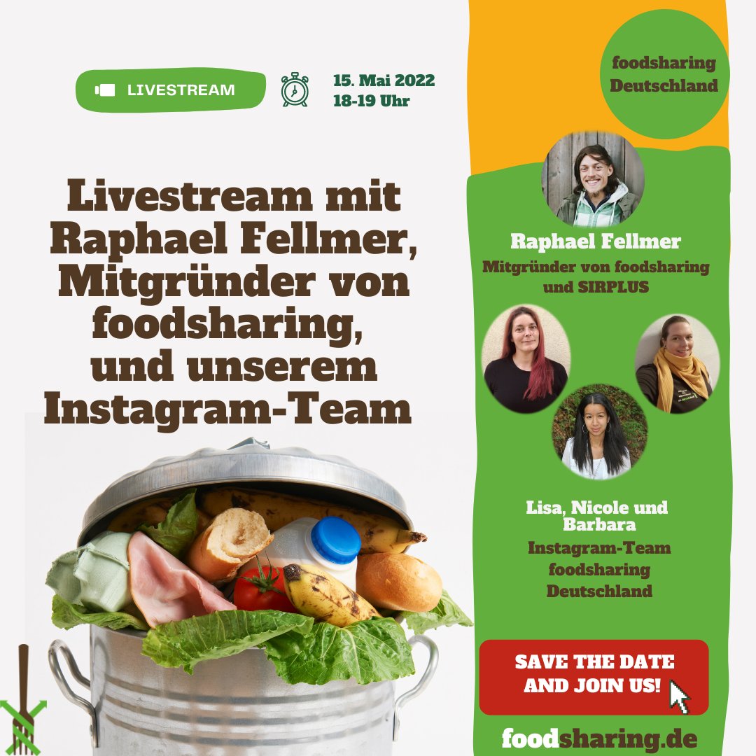 Save the date: Am 15.05. um 18 Uhr findet auf dem #Foodsharing #Instagram Account ein #Livestream mit <a href="/raphaelfellmer/">Raphael Fellmer</a> Fellmer (Mitgründer von Foodsharing) und dem Foodsharing Insta Team statt! Spread the word and tune in! :) #interview #q&amp;a <a href="/SirPlus_de/">SIRPLUS</a> /NT