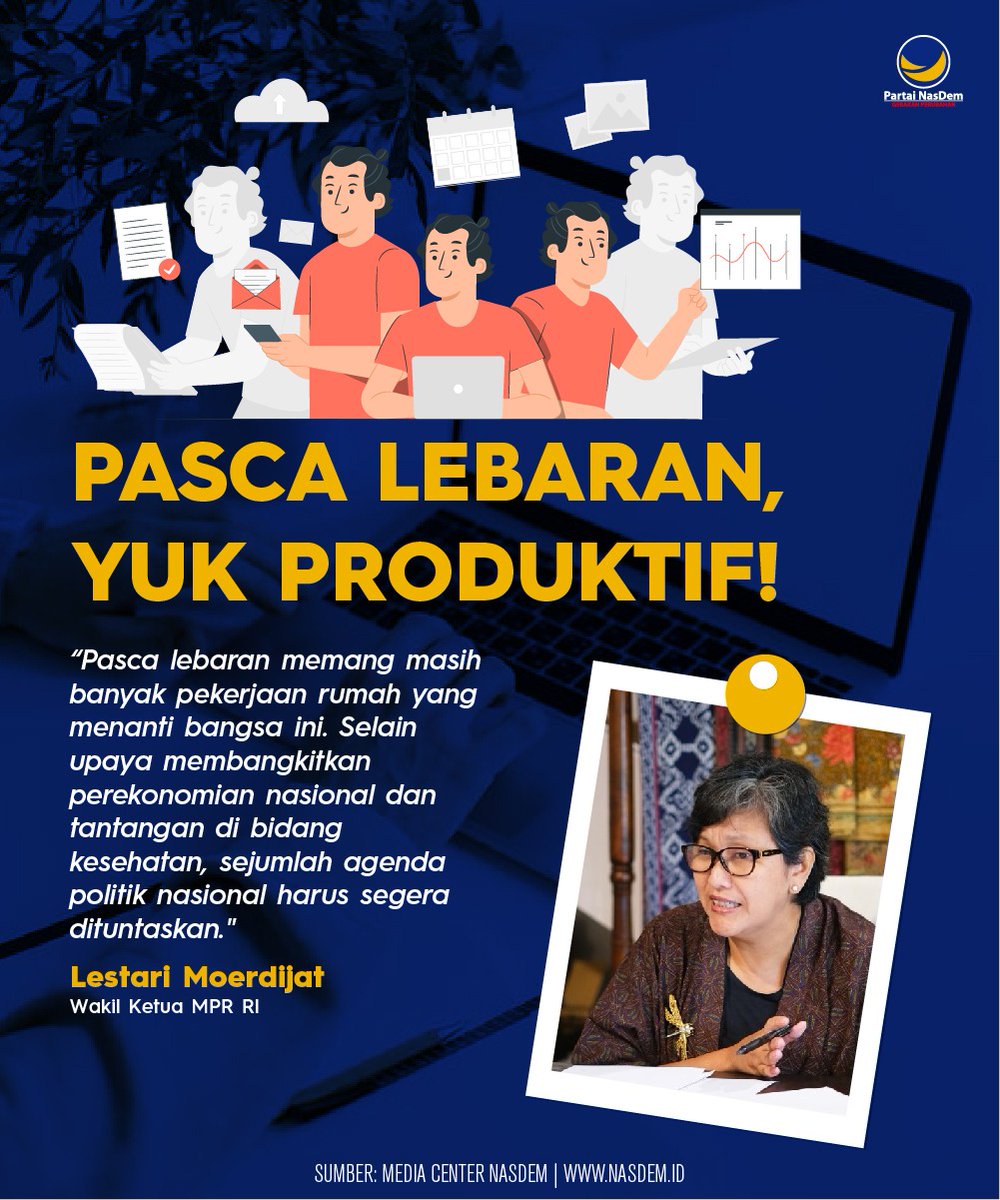 NasDem's tweet photo. Wakil Ketua MPR RI, Lestari Moerdijat mengajak masyarakat dan para pemangku kepentingan untuk segera mengalihkan fokus untuk meningkatkan produktivitas kerja dan menuntaskan sejumlah agenda nasional setelah bersilaturahim Idul Fitri 1443 H dari kampung halaman. 

@Rerie_Moerdijat https://t.co/7ClkbXtl2W