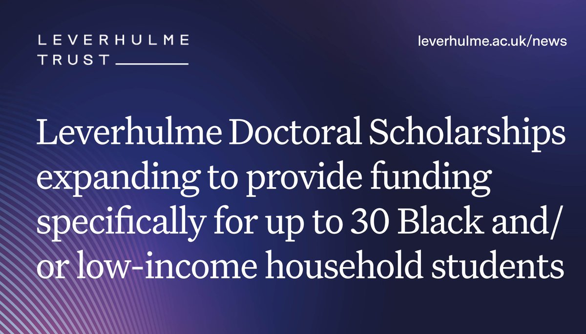 We’re proud to announce the investment of more than £6 million to help under-represented groups secure careers in academia. The Leverhulme Doctoral Scholarships are expanding to provide funding specifically for Black and/or low-income household students leverhulme.ac.uk/news/doctoral