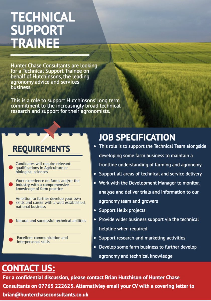 A new role for a Technical Support Trainee 🚜 

For more information please contact Brian Hutchison on 07765 222625