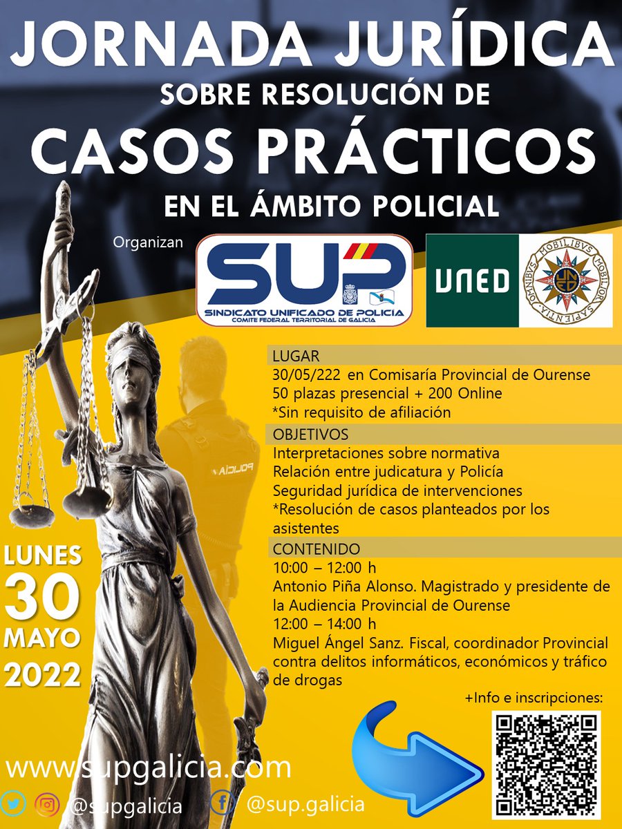 Sup_Policia's tweet photo. 👨‍🏫Te invitamos el día 30 de mayo a la #JornadaJurídica que organizan @supgalicia y la @UNED donde expondremos #CasosPrácticos en el ámbito policial
50 plazas presencial y 200 Online para todos los compañeros
Certificado de asistencia por #UNED
Inscríbete⤵️
https://t.co/zPbBphc5lT https://t.co/RoGZAHUAnw