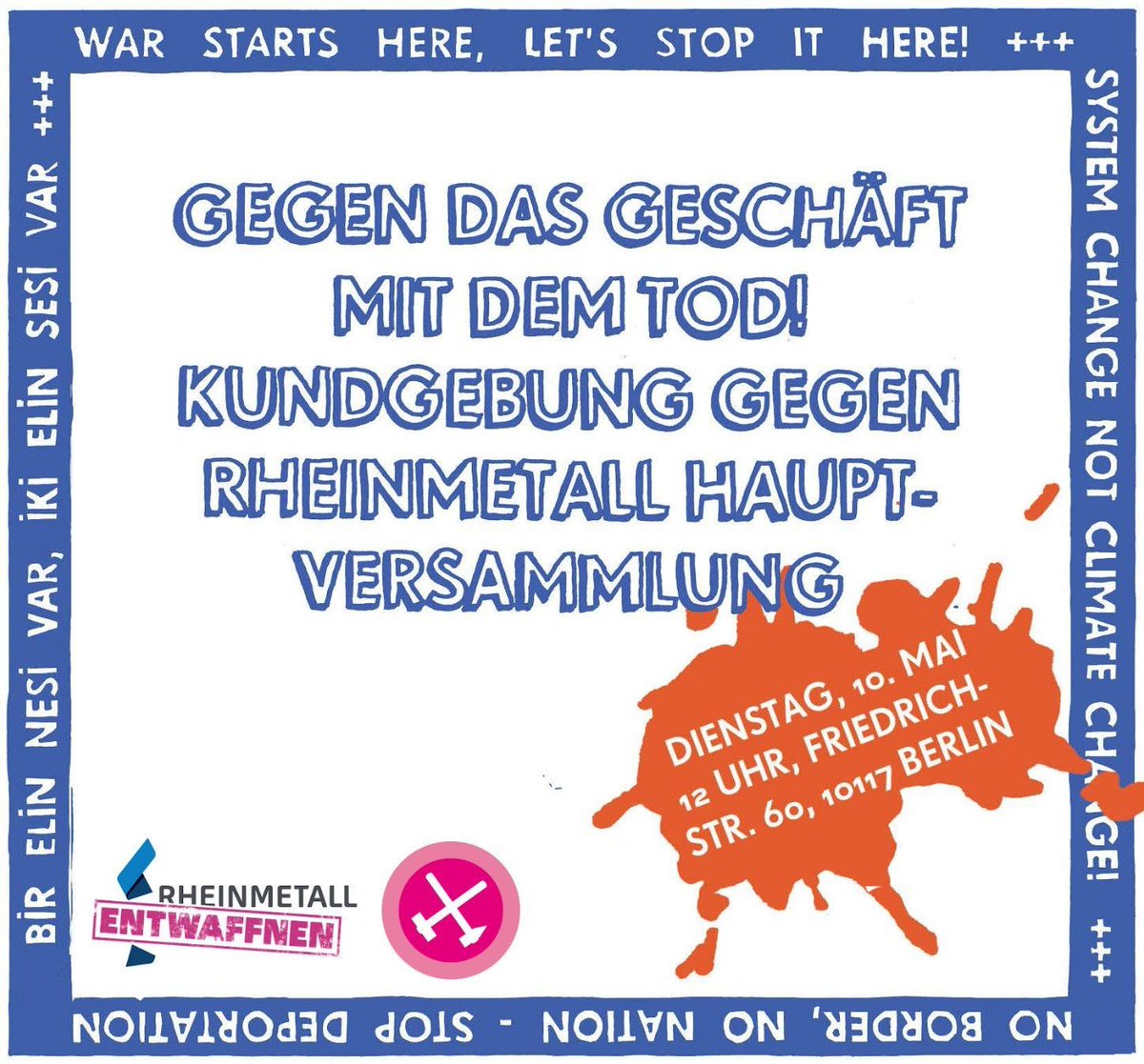 REntwaffnen's tweet photo. In Berlin geht es heute ab 12 Uhr demonstrieren vor den Lobbyverband der deutschen Rüstungsindustrie #BDSV in der Friedrichstraße. Hierzu ein erster Artikel aus der taz: 
https://t.co/E7rARPKkVo #b1005 https://t.co/J7I8Am0vya