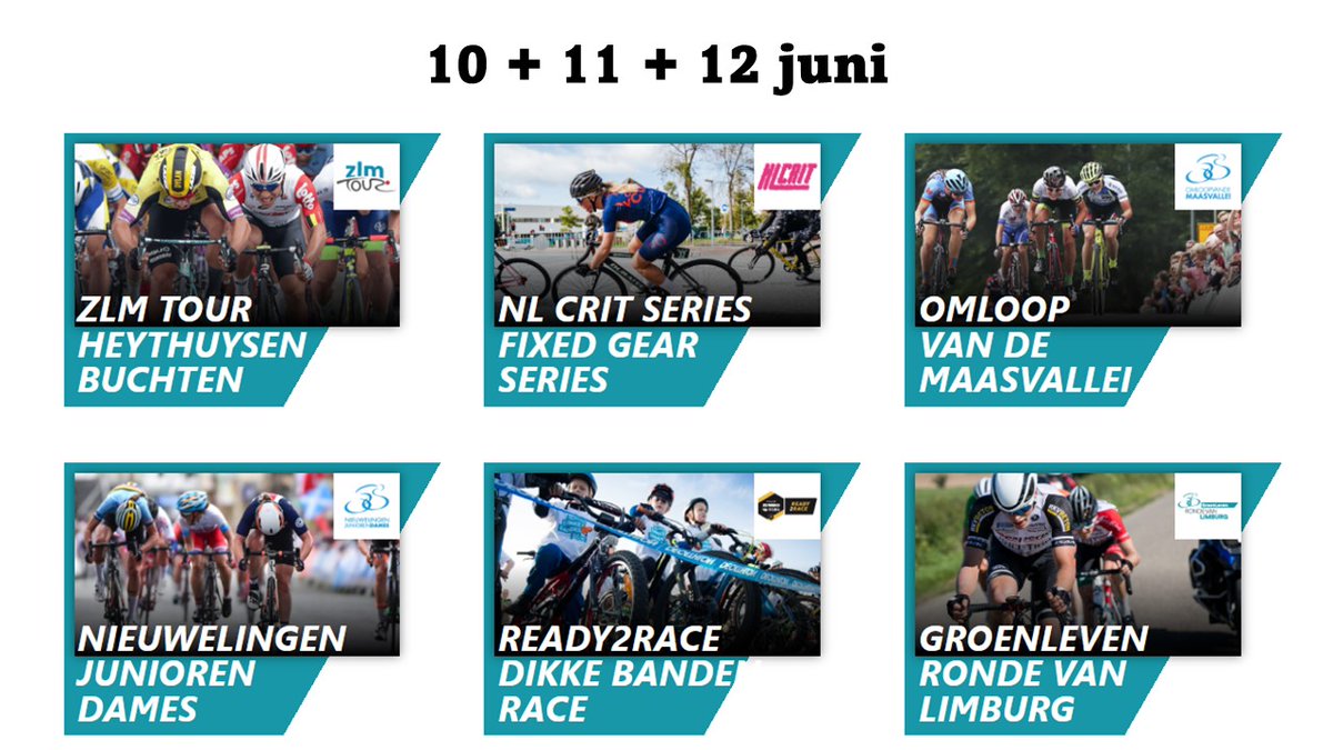 WAT. EEN. WIELERWEEKEND! 🥰

‍🚴‍♀️10 t/m 12 juni Wielerweekend Buchten

👉 <a href="/ZLM_TOUR/">ZLM Tour</a> 📌Leudal - 🏁Buchten
👉 <a href="/NLCritSeries/">NL Crit Series</a>
👉 Omloop v/d Maasvallei (M)
👉 Criterium nieuwelingen/junioren (V)
👉 Dikke Banden Race
👉 @GroenLeven Ronde van Limburg

Info 👉 rondevanlimburg.nl