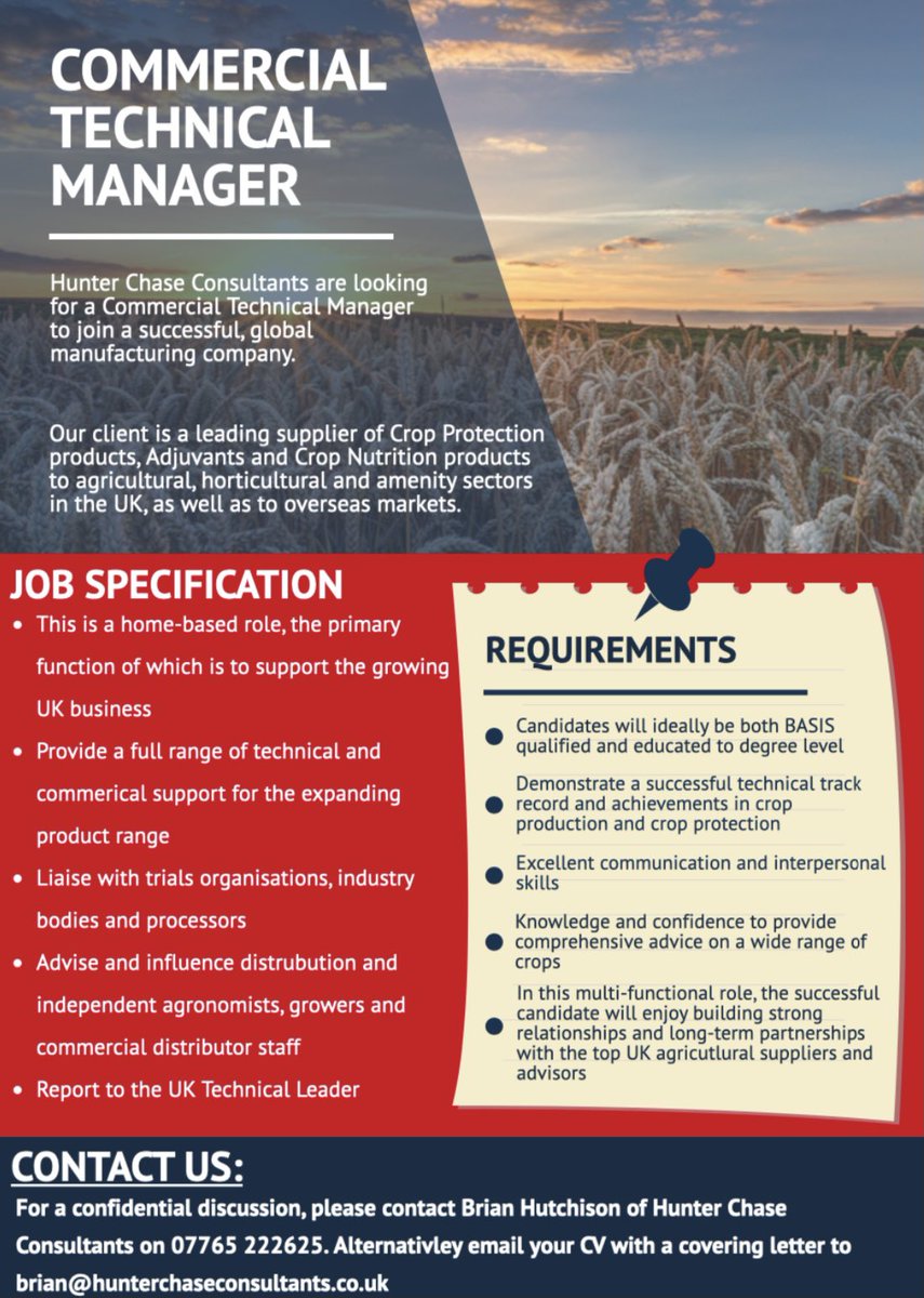 We’re looking for a Commercial Technical Manager to join a global company. 

For more information please contact Brian Hutchison on 07765 222625