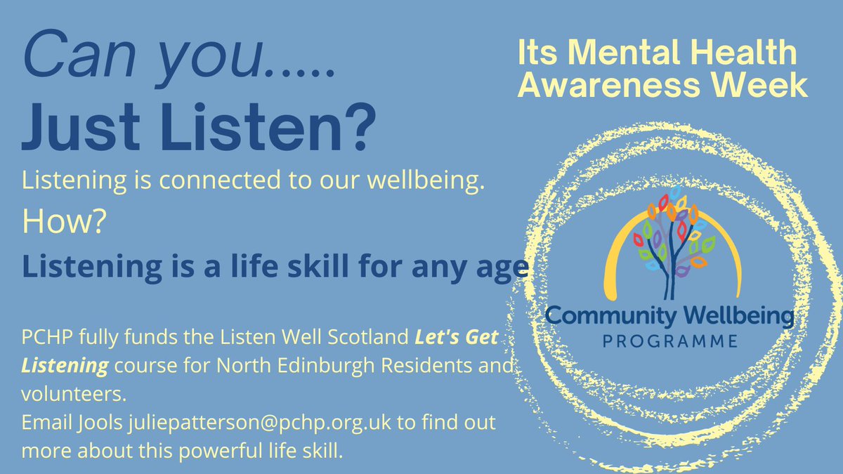 PiltonComHealth's tweet photo. Listening is a life skill #MentalHealthAwarenessWeek2022 see our #NorthEdinburgh Community Listening training offer and find out more about the power of listening and its connection to mental health and wellbeing. High impact @ListenWellScot online training course ♥️ https://t.co/SXliOsVyKG