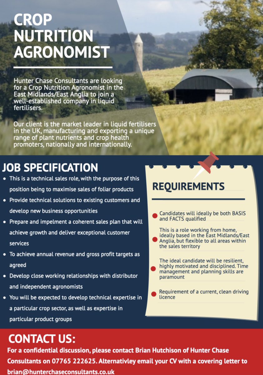 New opportunity for a Crop Nutrition Agronomist to join a well-established company in liquid fertilisers.

For more information please contact Brian Hutchison on 07765 222625