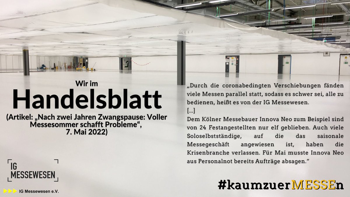 In ihrem jüngsten Artikel beschreibt <a href="/katerpitz/">Katrin Terpitz</a> im <a href="/handelsblatt/">Handelsblatt</a> die Probleme, vor denen Messebauer und Aussteller aktuell stehen. Hier nachzulesen: handelsblatt.com/unternehmen/ha…

#kaumzuerMESSEn #zsmmfüruns #messewesen #messemonatmai #endlichwiedermesse