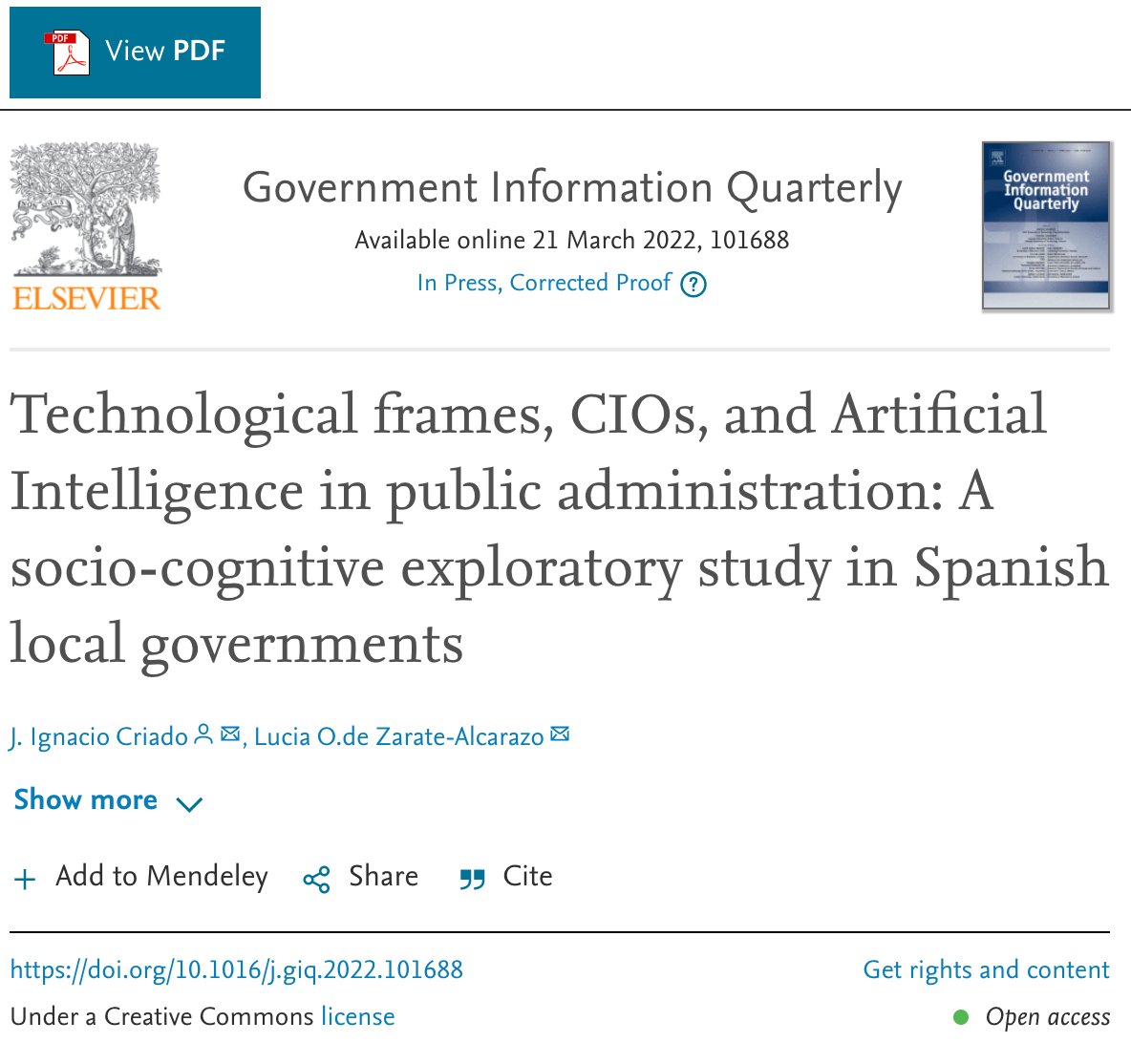 Happy to see this new article out open access licensed.
"Technological frames, CIOs, and Artificial Intelligence in public administration: A socio-cognitive exploratory study in Spanish local governments"
sciencedirect.com/science/articl…
with <a href="/lortizdezarate/">Lucía Ortiz de Zárate</a> in #GIQ [1/6]