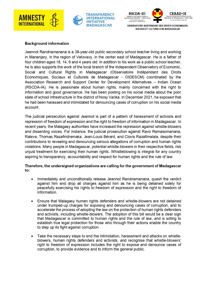 anticorruption's tweet photo. The Appeal Court is due to rule on the appeal today 10 May. Here's the joint statement. #ReleaseJeannot⬇️ https://t.co/5wTqisv9zb