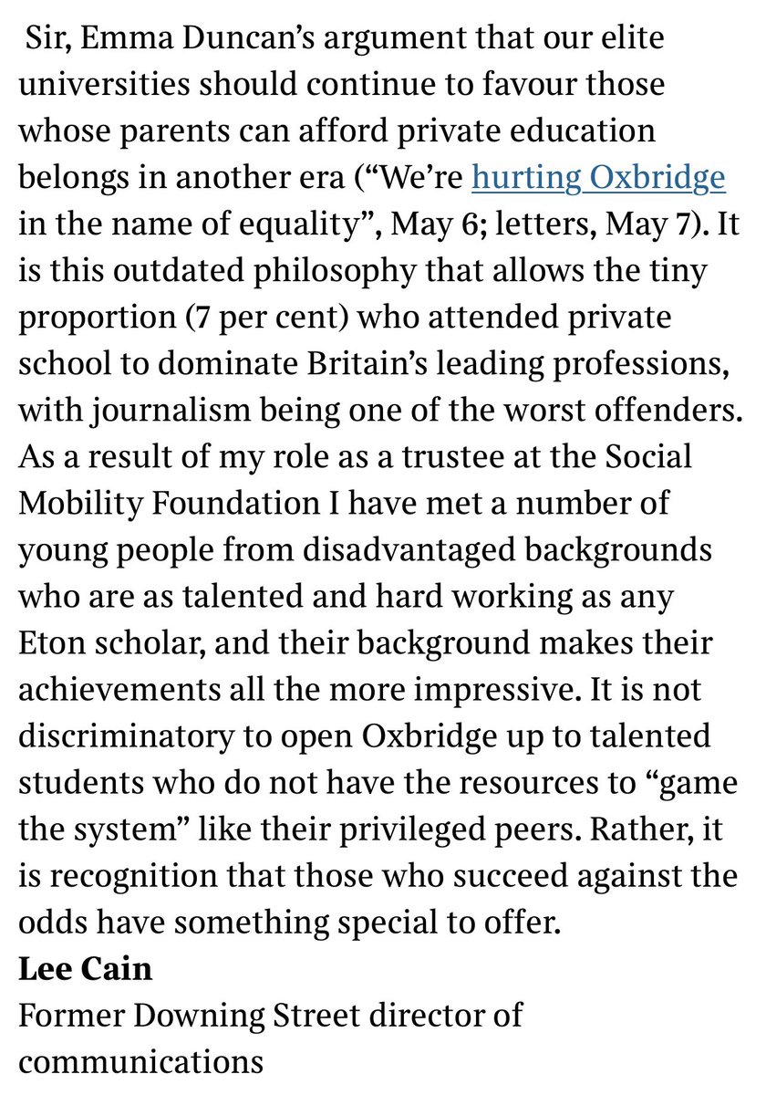 It is not discriminatory to open Oxbridge up to talented students who do not have the resources to game the system. Rather, it is recognition that those who succeed against the odds have something special to offer. My letter to the editor in @thetimes today👇