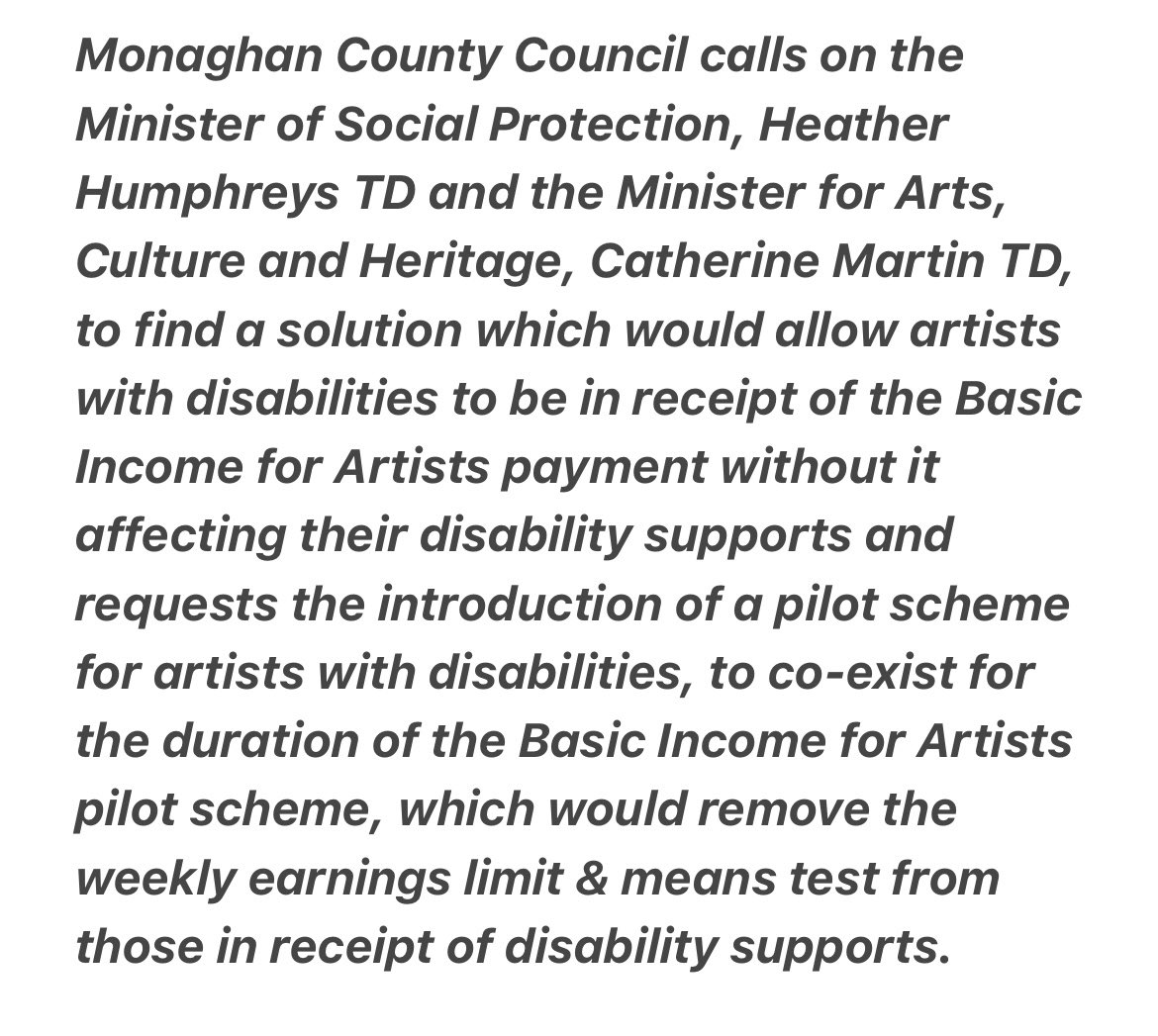 meaiireland's tweet photo. @MonaghanCoCo unanimously pass motion in support of Artists with Disabilities.

The motion proposed by @colmcarthy passed last night is in favour of stopping the discrimination in the Basic Income for the Arts.

Full motion below

⬇️ https://t.co/mEJBfzloCc