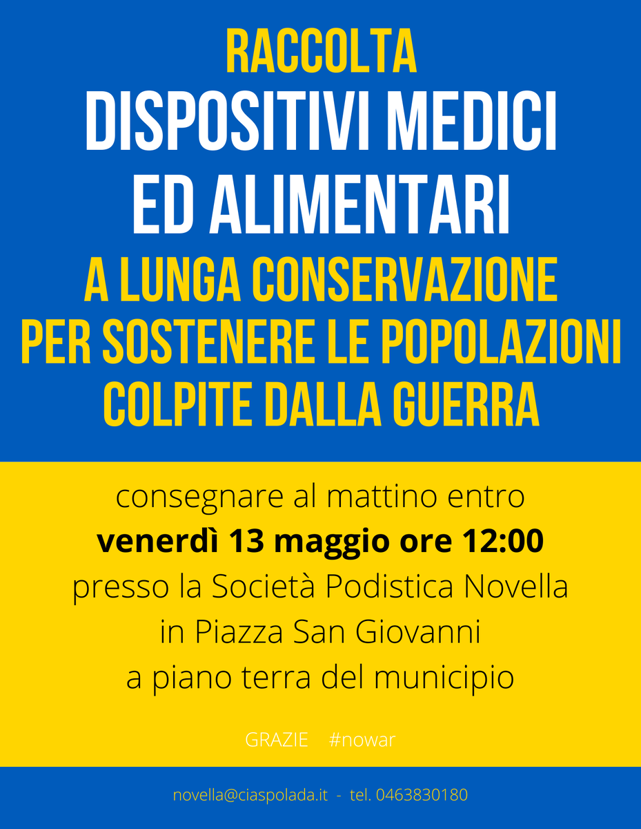 Raccolta 𝗗𝗜𝗦𝗣𝗢𝗦𝗜𝗧𝗜𝗩𝗜 𝗠𝗘𝗗𝗜𝗖𝗜 ed 𝗔𝗟𝗜𝗠𝗘𝗡𝗧𝗔𝗥𝗜 𝗔 𝗟𝗨𝗡𝗚𝗔 𝗖𝗢𝗡𝗦𝗘𝗥𝗩𝗔𝗭𝗜𝗢𝗡𝗘 per le popolazioni colpite dalla guerra! Chi volesse può consegnare 𝗘𝗡𝗧𝗥𝗢 il 𝟭𝟯 𝗠𝗔𝗚𝗚𝗜𝗢 c/o la 𝗣𝗼𝗱𝗶𝘀𝘁𝗶𝗰𝗮 𝗡𝗼𝘃𝗲𝗹𝗹𝗮
⏱orario 9-12
💙💛 Grazie 🙏
