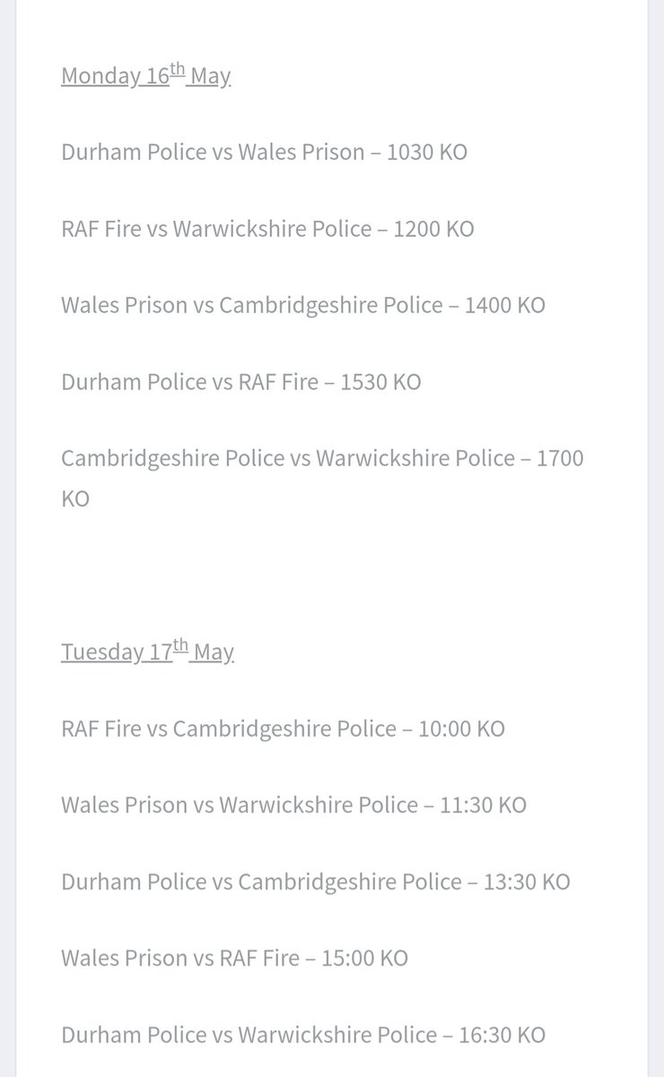 DurhamPoliceFC's tweet photo. Fixtures for the upcoming @serveandprotect @ESFL20 Euro Championships! Starting off with @WalesPrisonsFC then onto @RAFfirefootball and day 2 it's @FcCambs and @WarksPoliceFC Let's go! ⚽️🥅🏆☀️ https://t.co/U9VzkiQpED