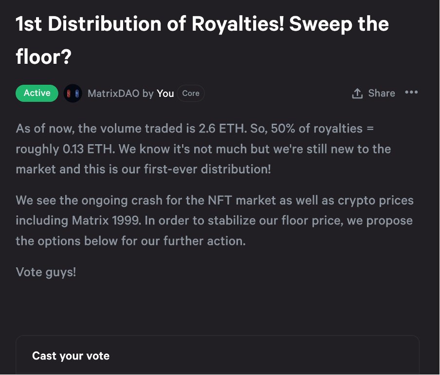 MatrixDAO's first ETH distribution of royalties!

0.13 ETH may be minimal to many of you but it's just the beginning! Holders can vote to decide what to do with the fund. VOTE NOW!

snapshot.org/#/matrix1999.e…

#nft #nftdrop #nftdao #dao #eth