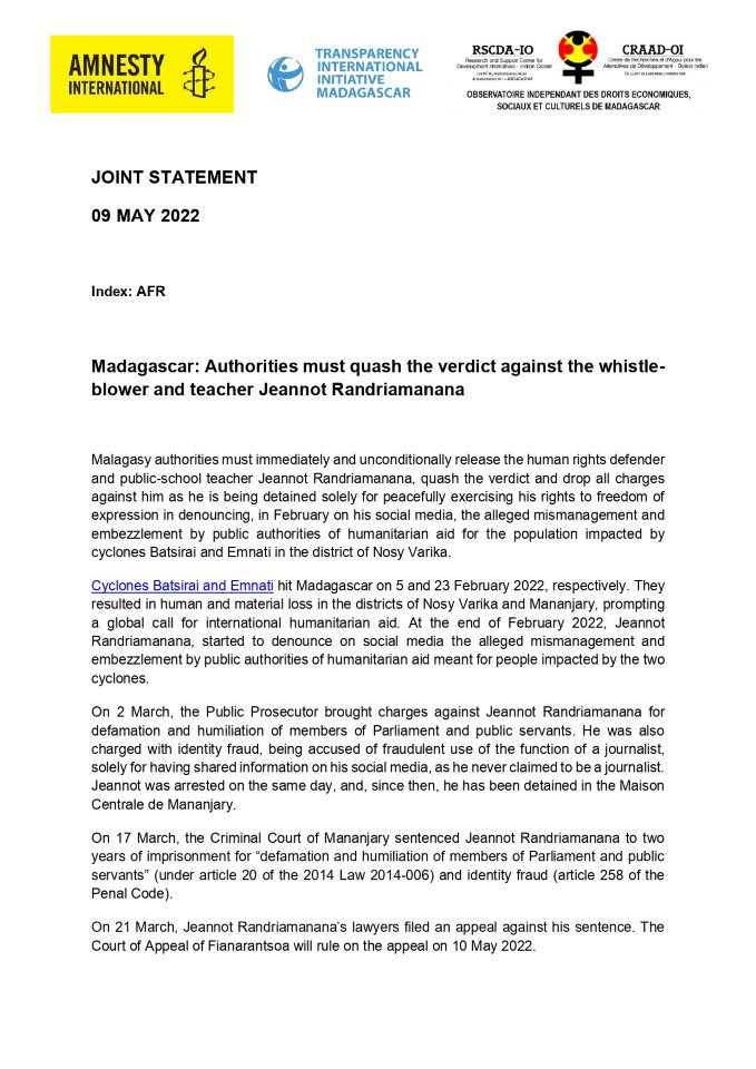 anticorruption's tweet photo. The Appeal Court is due to rule on the appeal today 10 May. Here's the joint statement. #ReleaseJeannot⬇️ https://t.co/5wTqisv9zb