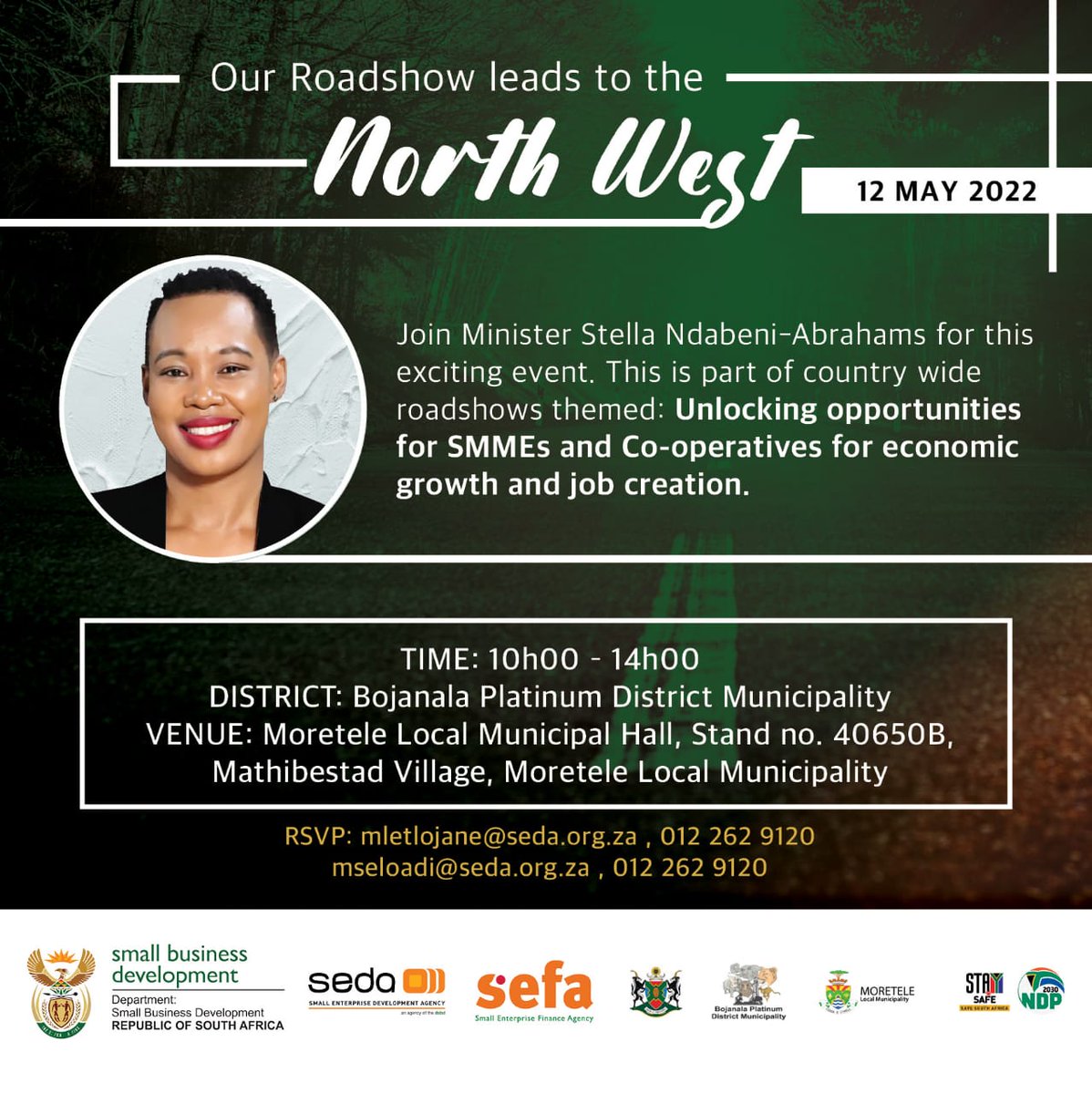 DSBD_SA's tweet photo. Calling all SMMEs and Co-operatives in the Bojanala Platinum District Municipality, North West to join Minister Ndabeni-Abrahams as she discusses opportunities for job creation and economic growth.

#SiyayenzaLento 
#OnsDoenDieDing
#RasEstaNthoEna https://t.co/XwLcgKB4Z5