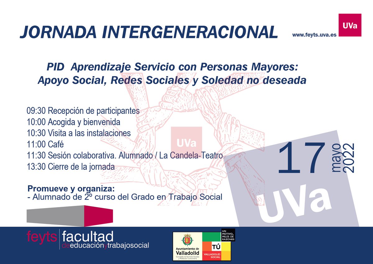 jmprietolobato's tweet photo. ¡Os esperamos! JORNADA INTERGENERACIONAL, martes, 17 de mayo de 2022 - 9:30hs. en @TsocialUVa @feyts_uva #PID #AprendizajeServicio Personas Mayores: apoyo social, redes sociales y soledad no deseada. #Solosinsoledad #UVacontralasoledad @AyuntamientoVLL @AsuntosSociales @UVa_es https://t.co/szFGluLP5m