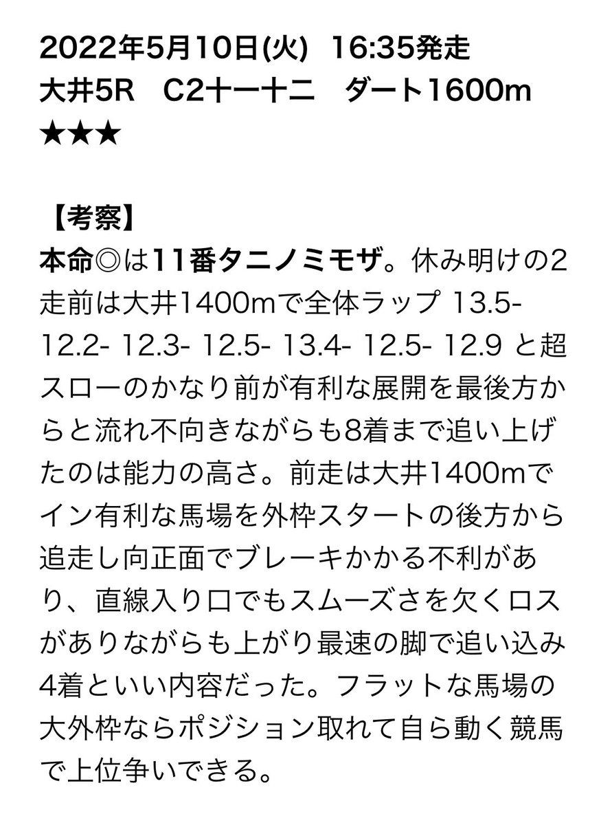 大井5R
11番タニノミモザ 4着
めちゃくちゃ前残りだなぁ。タニノミモザは大外枠いかして道中動く競馬想定だったけど、5〜6番手のインに入れて3,4コーナー詰まってポジション上げれなかったのが痛い。