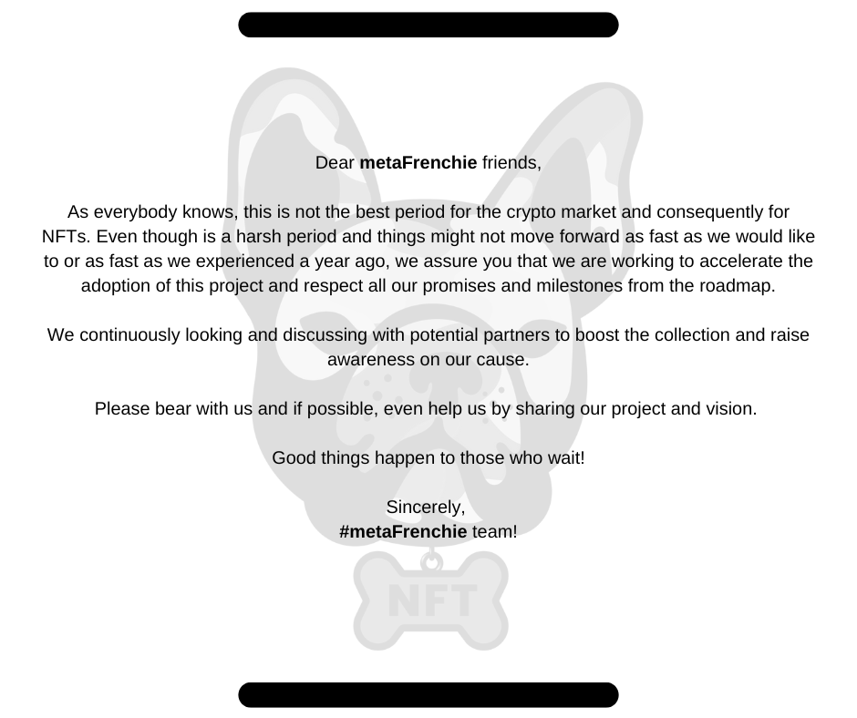 frenchieUNFT's tweet photo. Good things happen to those who wait!
Sincerely, #metaFrenchie team!

#crypto #nft #NFTProject #elrond #opensea #ElrondCommunity #nftdrop #nftartist #metafrenchie https://t.co/x5ImNEZOVk