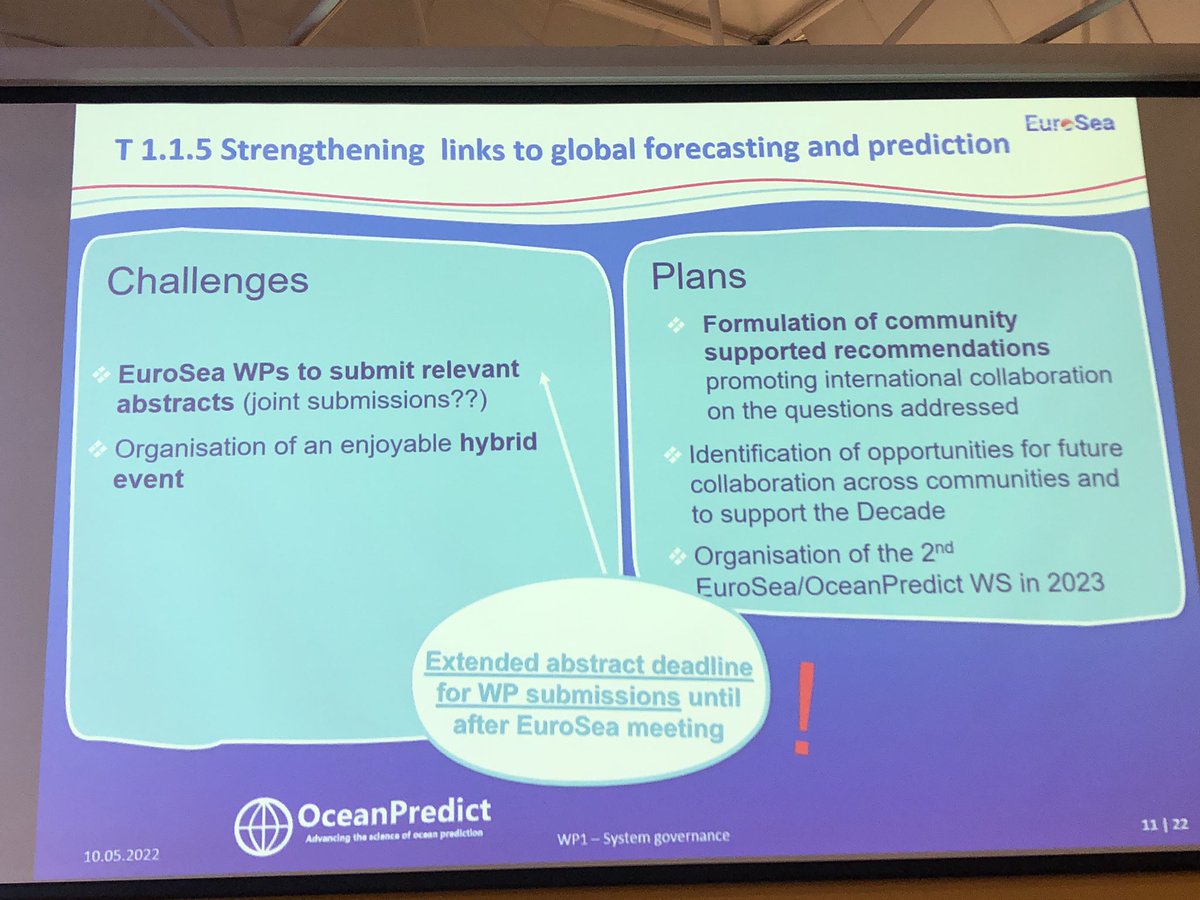 Emma highlights the <a href="/OceanPredict/">OceanPredict</a> achievements and that <a href="/Euro_Sea/">EuroSea</a> should put in abstracts for their workshop in June!