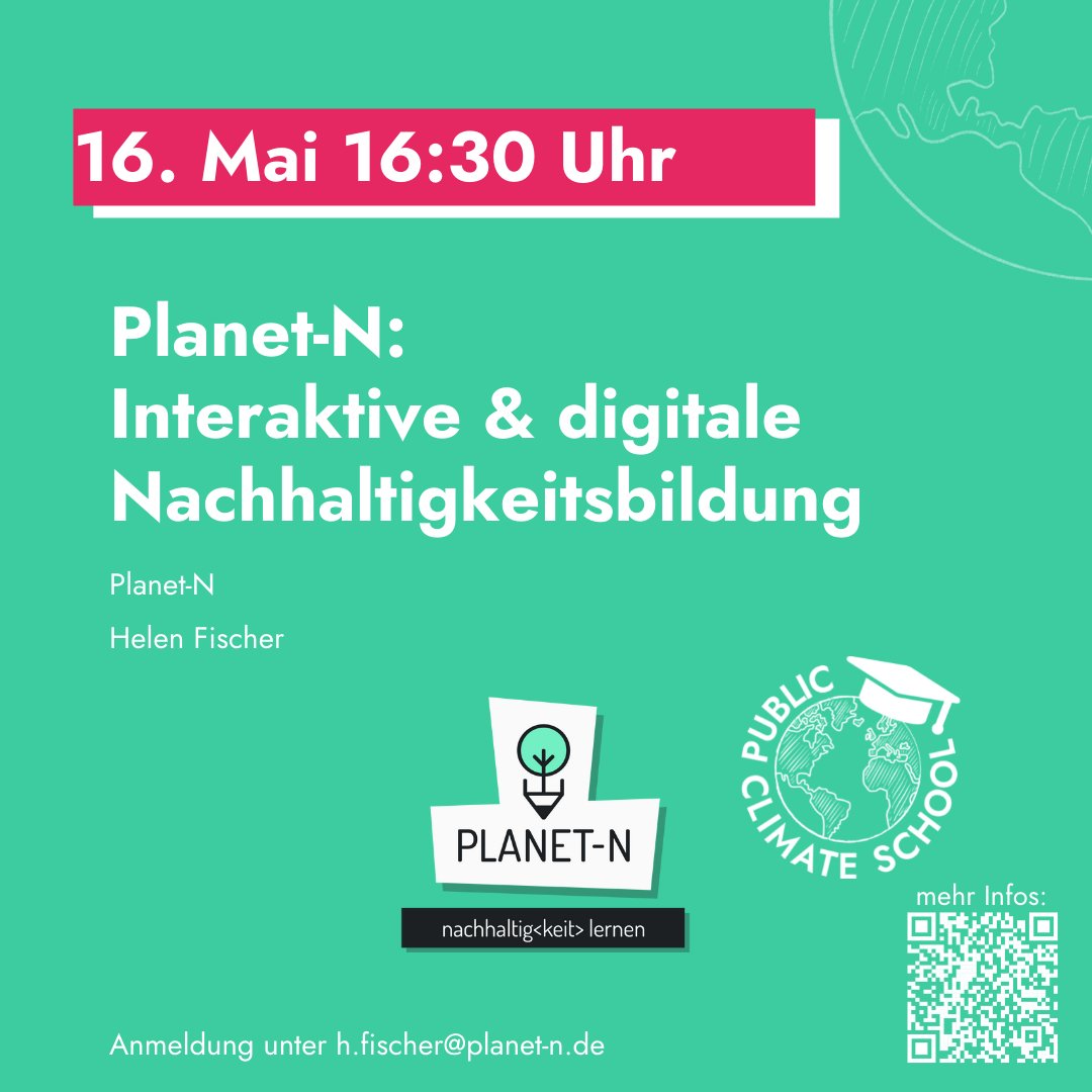 bne_planet_n's tweet photo. Am 16. Mai sind wir wieder bei der #publicclimateschool dabei! 😍
Du interessierst dich dafür, wie interaktive und digitale Nachhaltigkeitsbildung ihren Weg in die Schule finden kann? Dann freuen wir uns auf deine Anmeldung! #BNE #twlz https://t.co/B6pvjjLshr