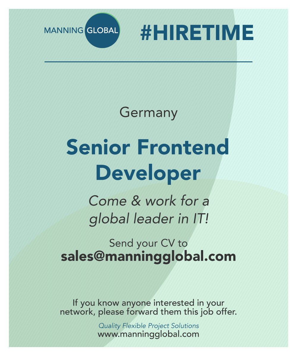 New #job in #Germany! 🇩🇪 Our client, a leading global #IT company, is recruiting for a SENIOR FRONTEND DEVELOPER! Send your CV to sales@manningglobal.com #Confluence #JIRA #Jenkins #AWS #Security #NOSQL #MondoDB #MachineLearning #Agile #Scrum #Frontend #Developer #Coding