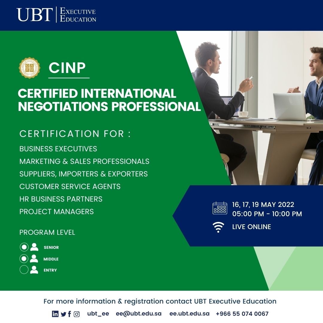 UBT_EE's tweet photo. Be a Certified International Negotiations Professional (CINP) and master the dynamics and art of negotiations at home, work, and in business. 

#executiveeducation #managementtraining #marketing #communication #businesscommunication #communicationskills #negotiations https://t.co/vQAOIlm6nN