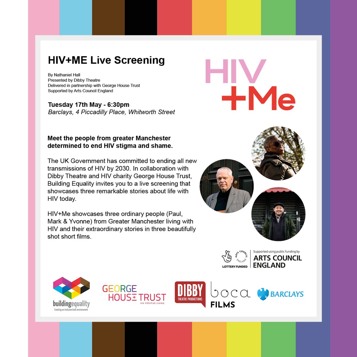 BuildingEqLGBT's tweet photo. Join Building Equality Greater Manchester @GeorgeHouseTrst @DibbyTheatre @bocafilmsuk  next Tuesday 17th May for a Live Screening of HIV+ME, directed by @NathanielJHall. 
The event will also be an opportunity to network with our member organisations. 
#HIVandMe #InEqualParts https://t.co/r6K3p2lnmR