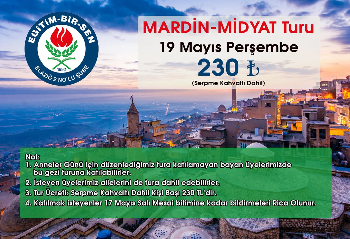 ebselazig2's tweet photo. Eğitim-Bir-Sen Üniversite Şubesi Gezi Programı
Erkek üyelerimizi unutmadık!
19 Mayıs Perşembe günü, bu kez erkek üyelerimize yönelik düzenleyeceğimiz, günübirlik Mardin-Midyat turuna tüm üyelerimiz davetlidir. https://t.co/zbG0VuZqj4