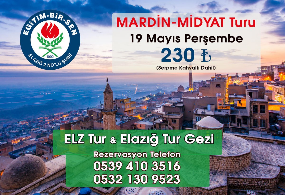 ebselazig2's tweet photo. Eğitim-Bir-Sen Üniversite Şubesi Gezi Programı
Erkek üyelerimizi unutmadık!
19 Mayıs Perşembe günü, bu kez erkek üyelerimize yönelik düzenleyeceğimiz, günübirlik Mardin-Midyat turuna tüm üyelerimiz davetlidir. https://t.co/zbG0VuZqj4
