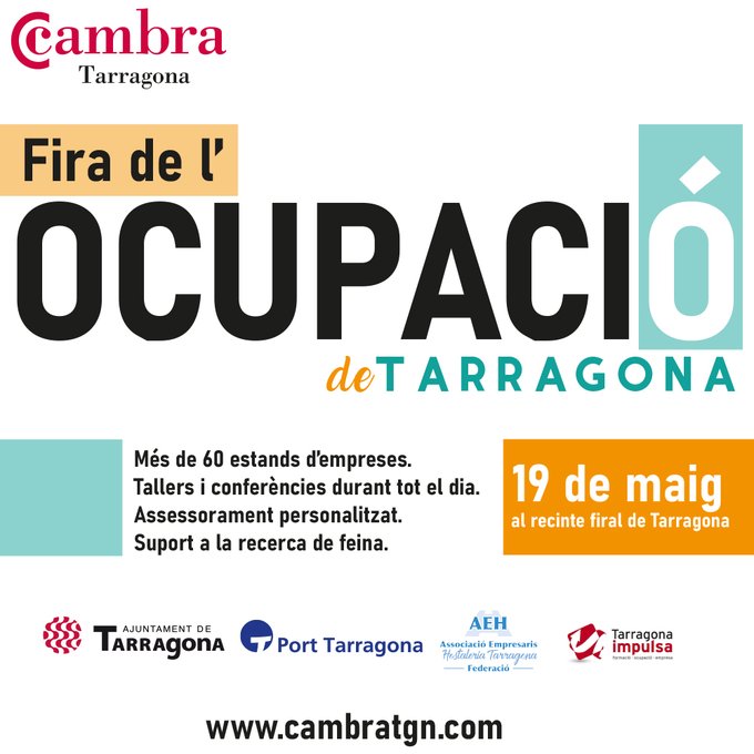 TGNImpulsa's tweet photo. Busques feina?
😀T'esperem el 19 de maig a la #FiraOcupació!!
📍Recinte Firal del @palautgn
⏱️de 10 a 18 h
Apunta't 👉 https://t.co/1QYiSnllJH
Organitza @CambraTarragona
Suport @PortTarragona, #AEHT, @TGNAjuntament https://t.co/LrIukRRGBC